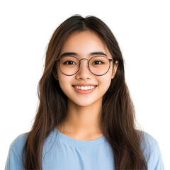 Happy young Asian student girl wearing glasses standing and smiling brightly in a casual outfit at a university campus, Happy Young Asian student girl with glasses standing over transparent background