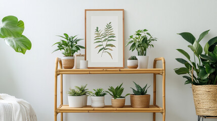 Stylish room interior with mock up photo frame on the brown bamboo shelf with beautiful plants in differents hipster and design pots. White walls. Modern and floral concept of shelfs.