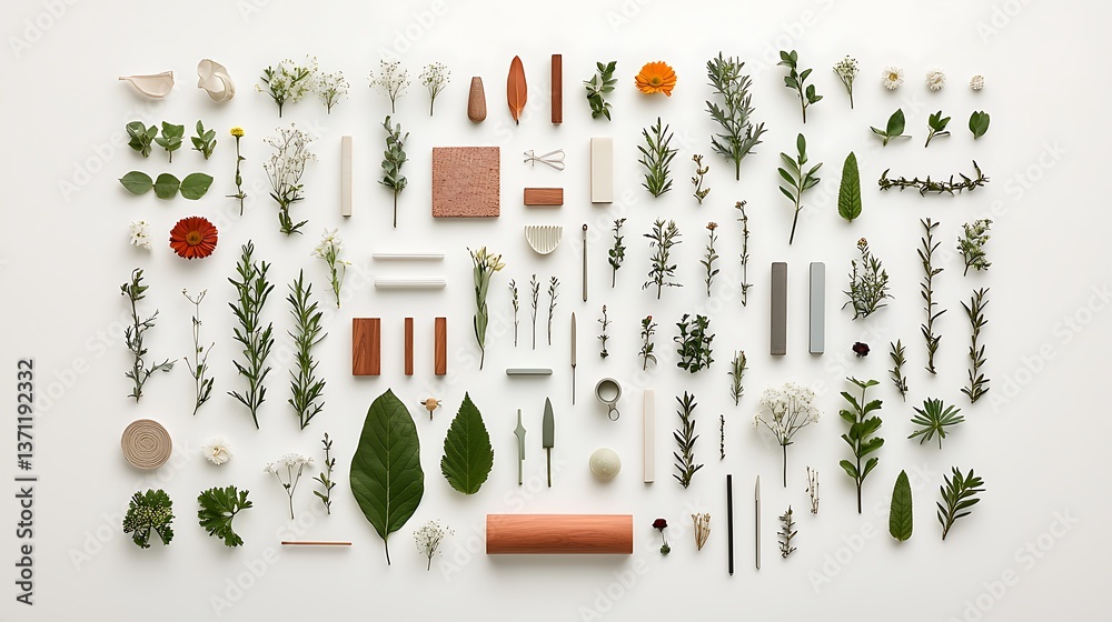 Aufkleber Botanical and geometric objects arranged on a white background