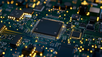 Obraz premium Close Up View Of Advanced Circuit Board With Illuminated Components