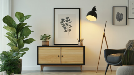 Stylish retro room interior with design cabinet, lamp, modern accessories and black mock up poster frame. Hanging beautiful plant on the white wall. Shelfie concept of home decor. Real photo Template 