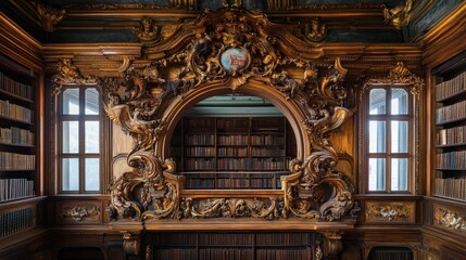 Obraz premium Ornate wooden carvings frame library book collection