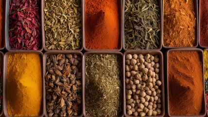 Abstract background of multicolored loose spices sorted by color