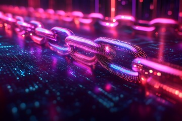 Abstract representation of a blockchain, glowing chains interlinking in a digital space