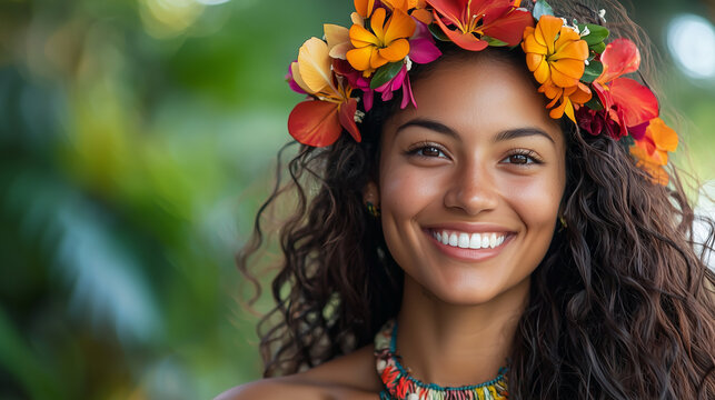 Native hawaiian woman wearing lei necklace with flowers in Hawaii