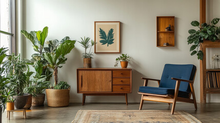 Minimalistic and stylish mock up poster frame concept with retro furnitures, hanging plant, flowers in vase and elegant accessories. White walls, home decor. Nice interior of living room. Real photo.