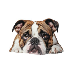 Fototapeta premium A bulldog with striking eyes resting on a soft surface against a transparent background, showcasing its unique features, Bulldog on transparent background