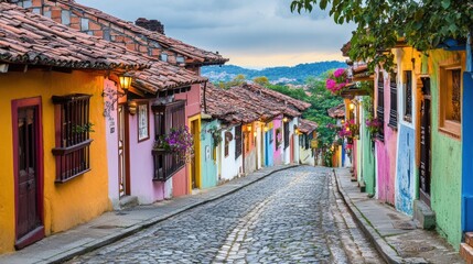 Obraz premium Charming cobblestone street with colorful houses and glowing streetlights creates a warm European ambiance in the evening