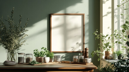 Interior design of dining room with mock up poster frame, kitchen accessories, herbs and elegant accessories. Eucaltyptus color concept. Template. Ready to use.  Stylish scandinavian home decor.