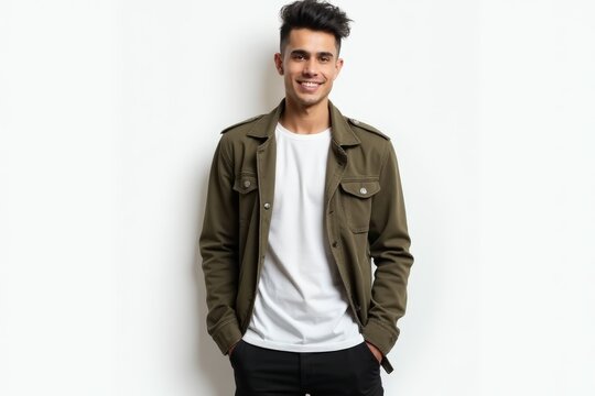 Half-Length (Waist-Up) portrait of young stylish smiling Uzbek male model in emo wear isolated on pure white background looking at camera