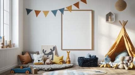 Stylish scandinavian interior of kid room with mock up poster frame, design furnitures, natural toys, hanging colorful flags, plush animals, child accessories and teddy bears. Modern home decor.