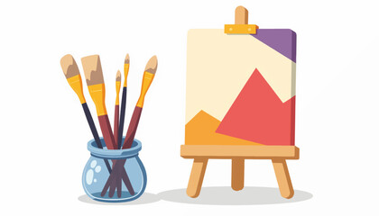 Colorful paintbrushes in glass jar beside easel with canvas, artistic inspiration