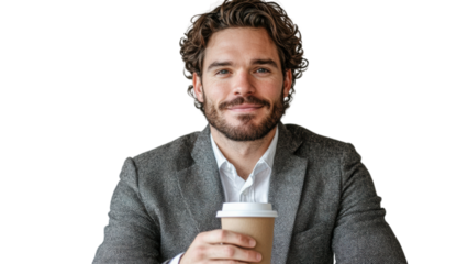 Png of Smiling Caucasian man in a suit holds a coffee cup, radiating confidence and approachability on transparent background.