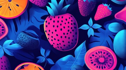 Vibrant pop-art explosion with neon fruit illustrations on electric blue and pink background