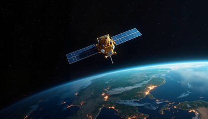 Satellite orbiting Earth in space, Hovering satellite     