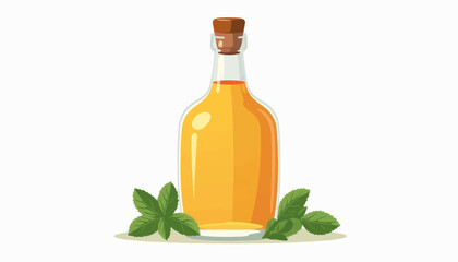 Stylized apple cider vinegar bottle with basil and mint leaves, freshness
