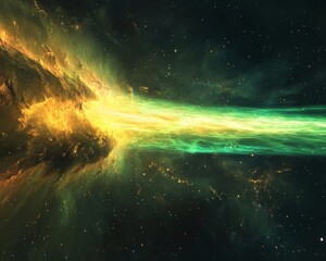 A vivid depiction of a cosmic scene with swirling green and yellow clouds, resembling a nebula, set against a starry background