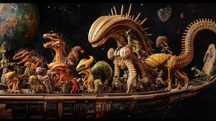 Fototapeta premium an intergalactic ark carrying alien species, showcasing various exotic creatures and complex spaceship structures