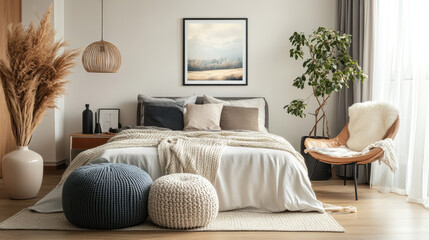 Aesthetic composition of stylish bedroom interior with mock up poster frame, cozy bed, braided pouf, rack,  gray armchair, vase with leaves, plaid and personal accessories. Home decor. Template.