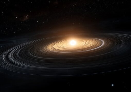 A bright celestial object surrounded by swirling rings of dust and gas, resembling a protoplanetary disk in space against a starry background