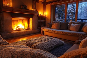Cozy living room with a roaring fire and comfortable furniture, creating a warm and inviting space