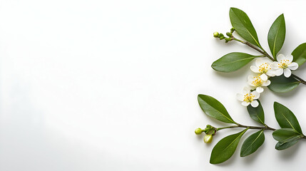Obraz premium Delicate White Flowers And Green Leaves On White Background