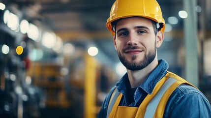 Smiling man in factory. Portrait of happy woman in factory. Worker in a hard hat is working on a hat. A grinning man within a factory lifestyle.