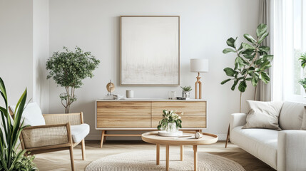 Interior design of living room at nice scandinavian apartment with stylish commode, watering can, abstract paintings, plant and elegant accessories. Modern home decor. Template. Mock up. White walls.