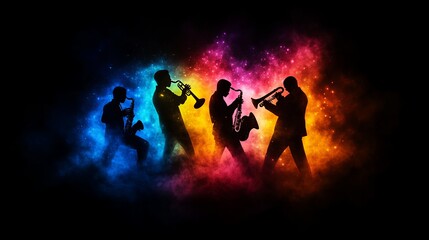 Fototapeta premium Musicians playing wind instruments are silhouetted against a vibrant colorful smoky backdrop, creating a striking stage presence.