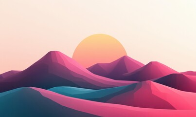 A digital landscape featuring pink and blue low poly mountains under a warm sunset, modern and minimal.