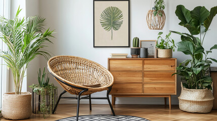 Modern scandinavian living room interior with mock up poster frame, design commode, plants, rattan armchair, book and elegant accessories in stylish home decor. Template. 