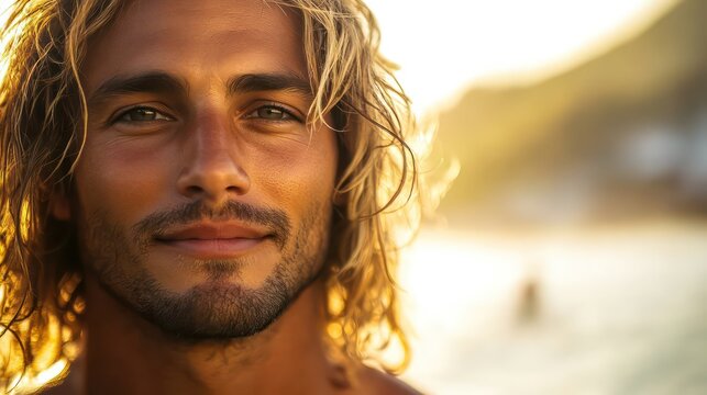 handsome man with long blond hair looking at the camera with a confident and relaxed expression - Powered by Adobe