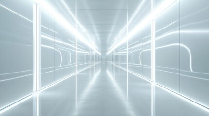 Fototapeta premium Futuristic White Corridor with Neon Lights: A Sci-Fi Architectural Visualization