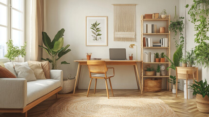 Stylish scandinavian home decor of interior with creative wooden desk, sofa, bamboo bookstand with accessories, books and plants  Open space and living room. Brown wooden parquet and stylish carpet.