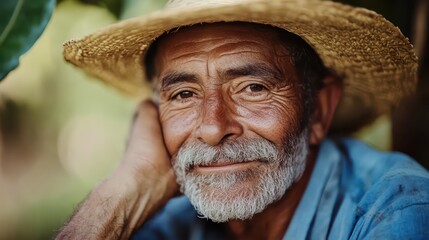 Fototapeta premium a close-up portrait of a man wearing a straw hat, he is leaning his hand on his face and smiling. His eyes reflect warmth and wisdom