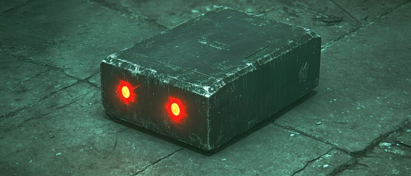 Glowing-eyed, dark metallic cube rests on a textured surface