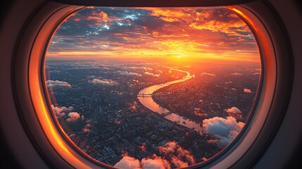 Fototapeta premium Aerial Sunset Over London City River from Airplane Window