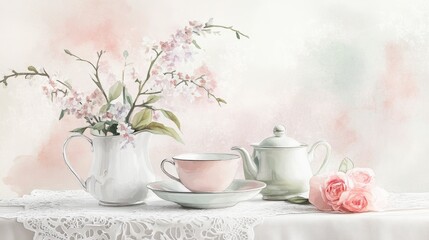 Fototapeta premium Delicate Spring Tea Party Watercolor Still Life of Porcelain Tea Set and Blossoms