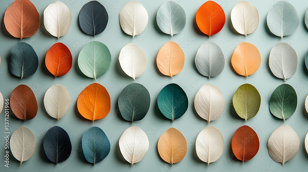 Poster colorful patterned leaves arranged in a grid