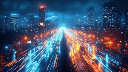Fototapeta premium Night City Expressway, urban rush hour, illuminated buildings, light trails