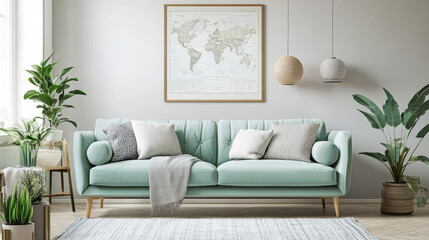 Stylish scandinavian living room interior with design mint sofa, furnitures, mock up poster map, plants, and elegant personal accessories. Home decor. Interior design. Template. Ready to use. 