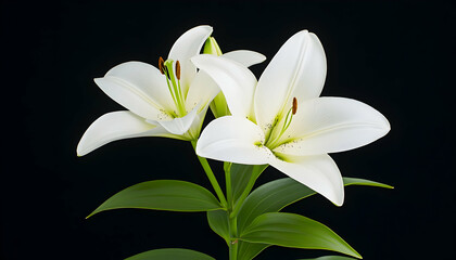 Two pristine white lilies against a stark black backdrop