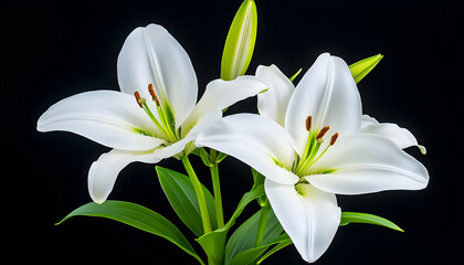Fototapeta premium Two pristine white lilies with buds against a black backdrop