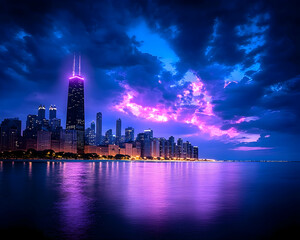 Vibrant city skyline at twilight, reflected in calm water under a dramatic sky
