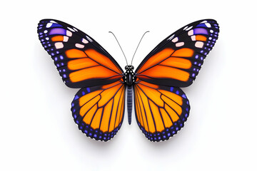 Vibrant orange butterfly with black and purple markings, isolated on white background