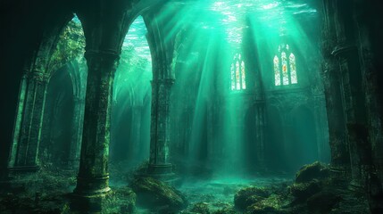 an underwater scene of an ancient building, bathed in the sunlight that streams through the arched windows