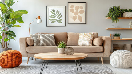 Interior design of living room interior with mock up poster frame, brown sofa, plants, wooden coffee table, lamp, ball, stylish rug, plaid, pillows and personal accessories. Home decor. Template. 
