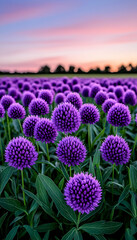 Vibrant purple flowers in a field at sunset