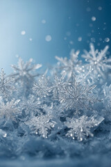 Delicate snowflakes falling on a soft frosty blue backgroun