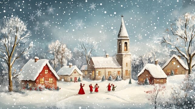 Christmas village with snowflakes. Vintage oil painting of a christmas card with a pastel image. Hand-painted village celebrating happiness on a snowy day. Snowy christmas lifestyle town with.